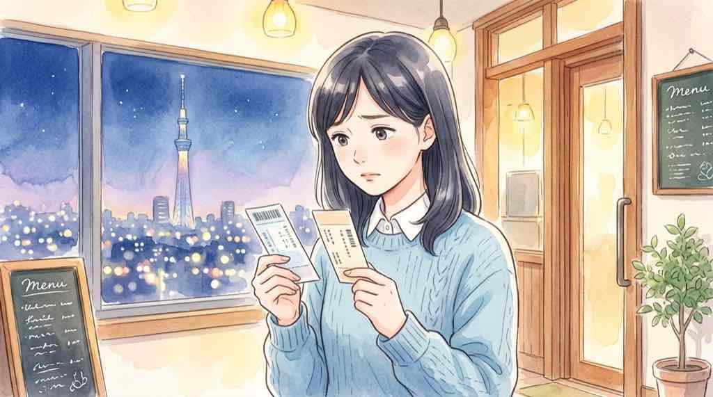 お食事券付き展望台入場券のイメージを確認する女性のイラスト