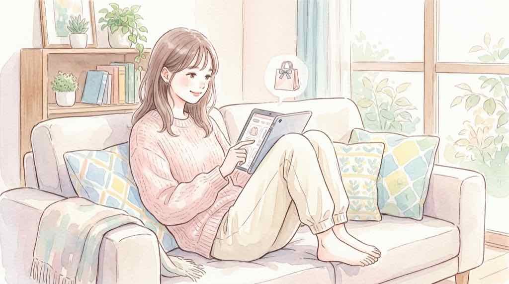 ちいかわマーケットのオンラインショップ画面を確認する女性のイラスト