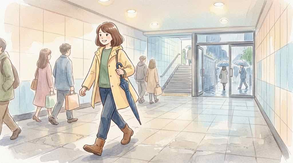 雨の日に地下通路からスカイツリータウンへ向かう女性のイラスト