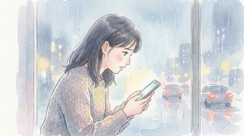 調布花火中止を告げる公式発表画面を見て驚く女性