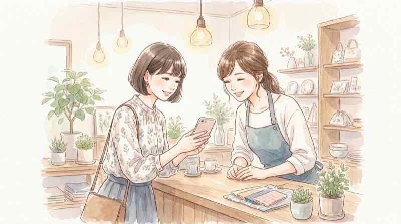 調布花火の半券サービス対象店舗を提示して確認する女性