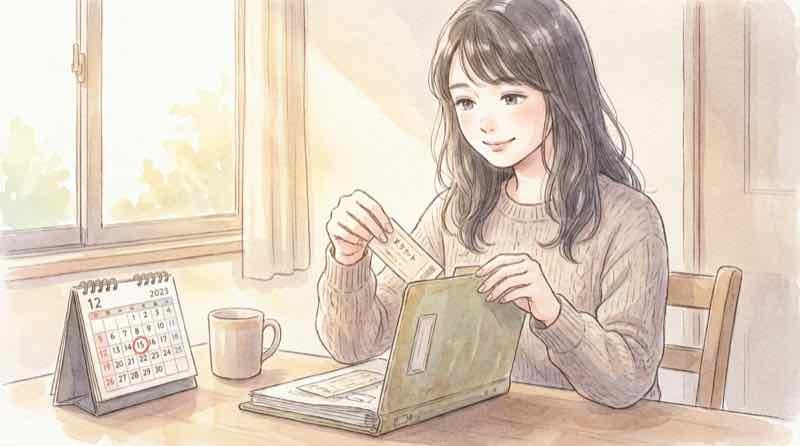 チケットを大切に保管し払い戻し先を確認する女性の後ろ姿