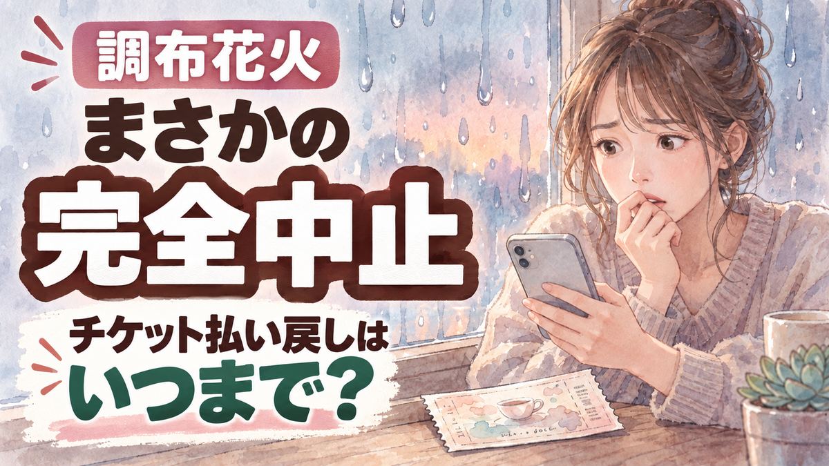 調布花火中止のニュースを見て驚く女性、チケットを手に困った表情