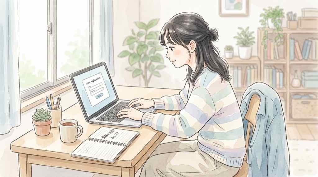 スマートフォンで共通テストWeb出願の手続きをする高校生のイラスト
