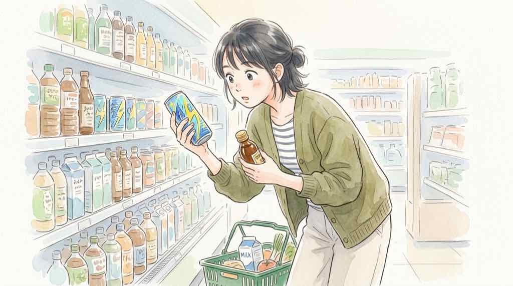 消費税1%食品の対象商品を確認する女性のイラスト