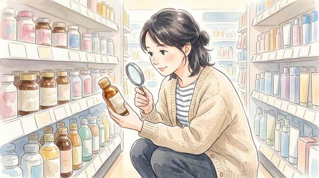 消費税1%食品と10%の栄養ドリンクを見比べる女性のイラスト