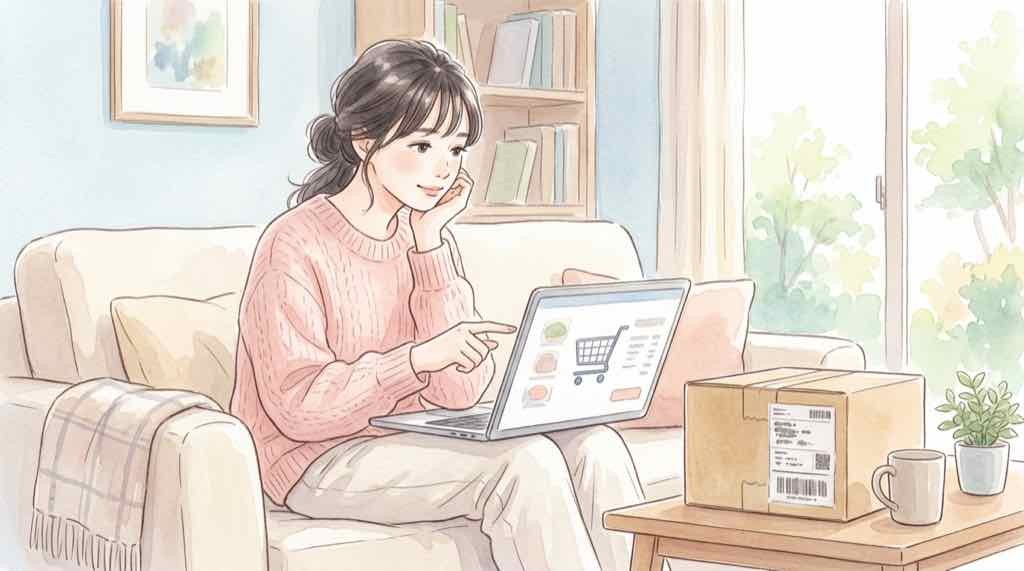 通販の食品送料と消費税1%を確認する女性のイラスト