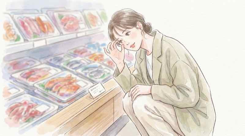 コストコの海鮮2パック500円引きの対象商品を確認する様子