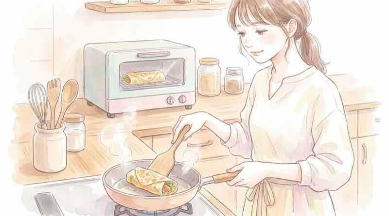 フライパンとトースターでハイローラーを加熱調理する様子