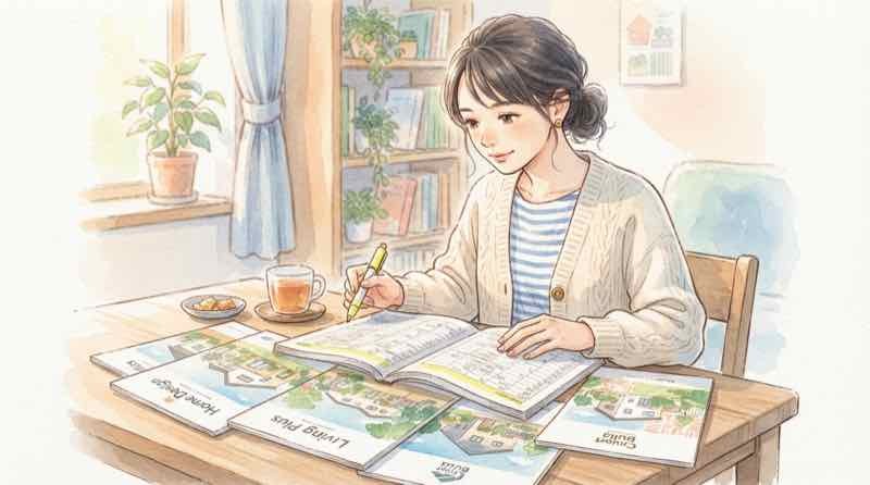 大和ハウス 5000万円以下の対象範囲を資料で確認する女性のイラスト