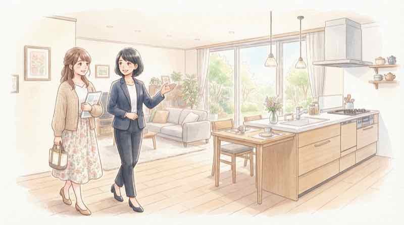 大和ハウスの規格住宅カタログを比べる女性のイラスト
