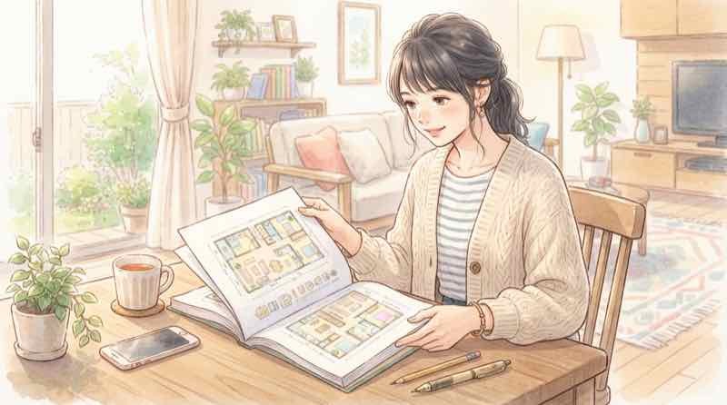 大和ハウスの分譲住宅の完成物件を見学する女性のイラスト