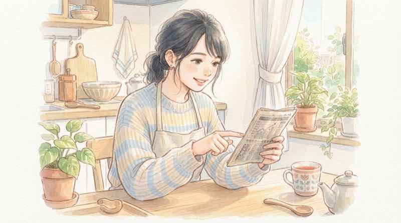 複数のハウスメーカーのカタログを並べて比較する女性のイラスト