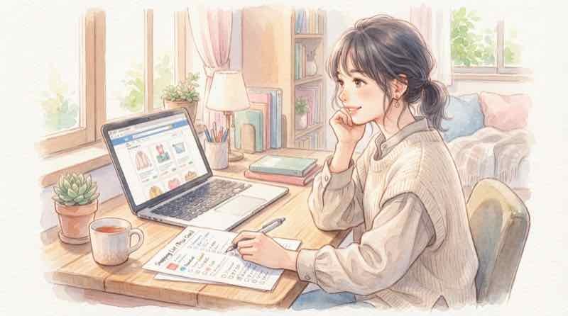 中古住宅をリノベーションして暮らすイメージを描いた女性のイラスト