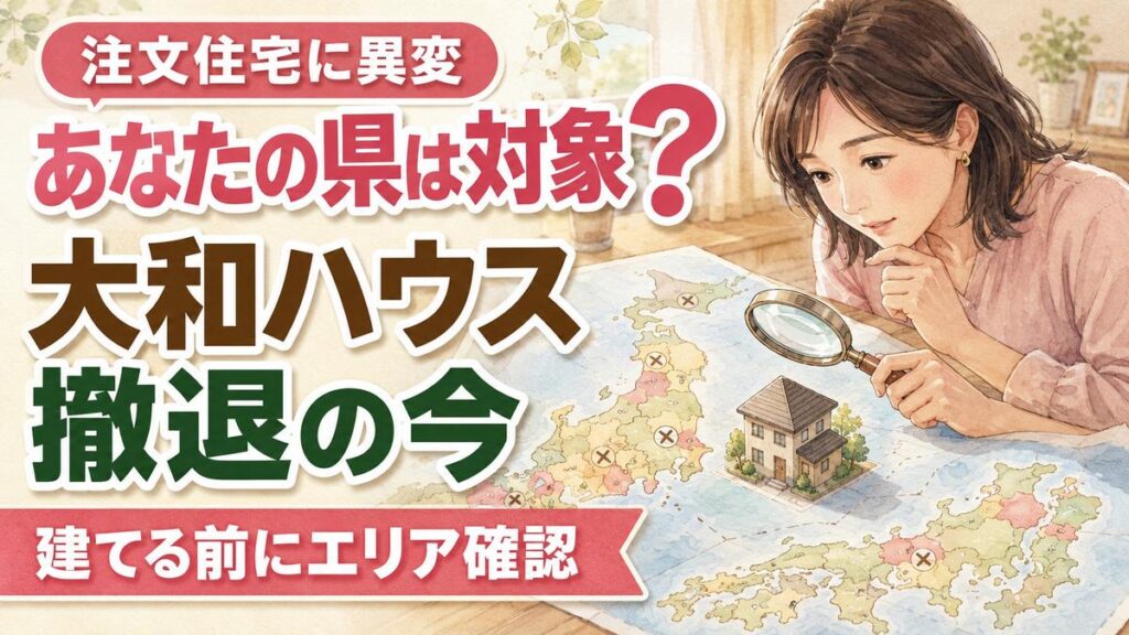 大和ハウス 23道県 どこを日本地図で指でたどりながら考え込む女性のイラスト