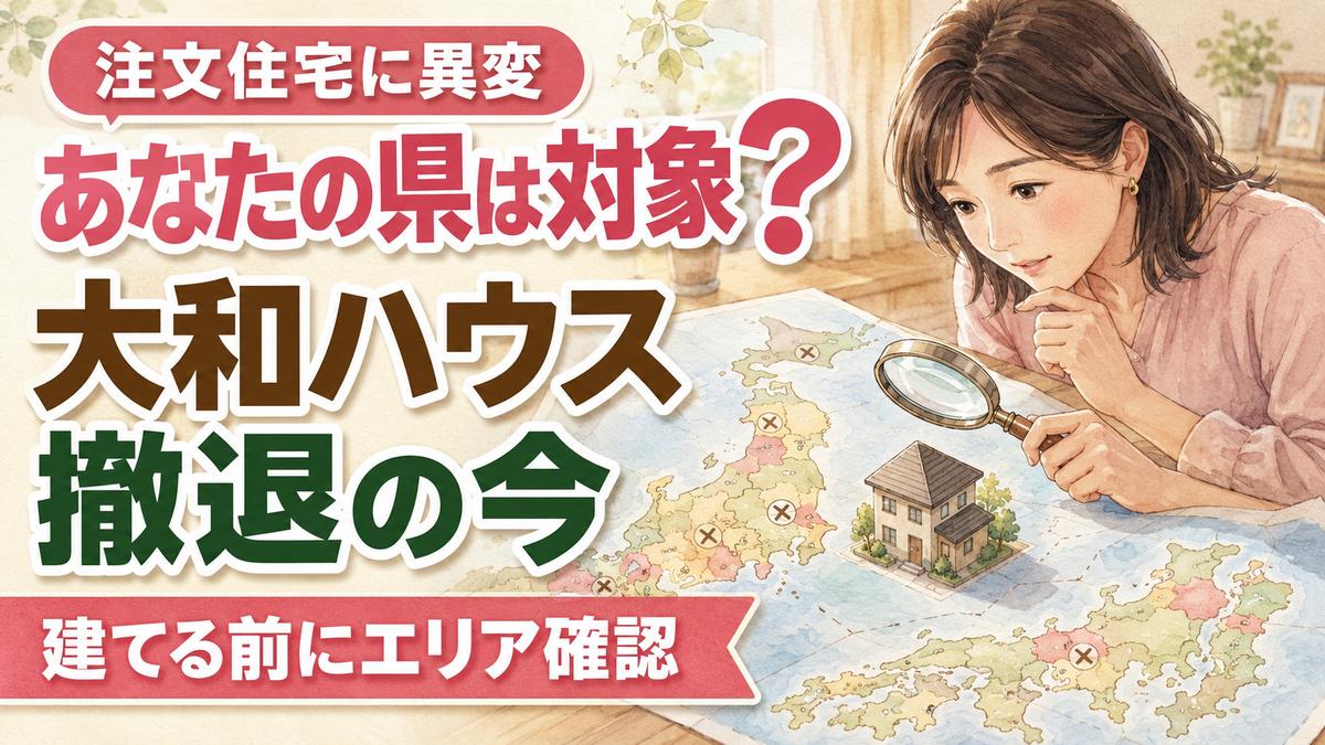 大和ハウス 23道県 どこを日本地図で指でたどりながら考え込む女性のイラスト