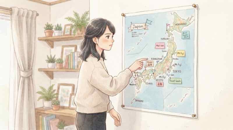 大和ハウス 23道県 どこを日本地図で指でたどりながら考え込む女性のイラスト