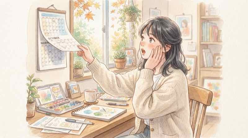 注文住宅の申し込み期限をカレンダーで確認して驚く女性のイラスト