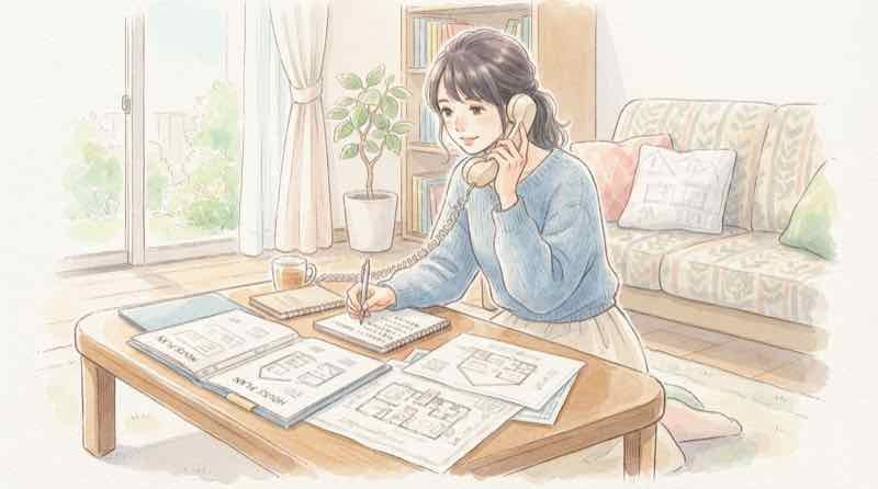 商談中や契約済みの家づくり書類を並べて担当者に確認する女性のイラスト