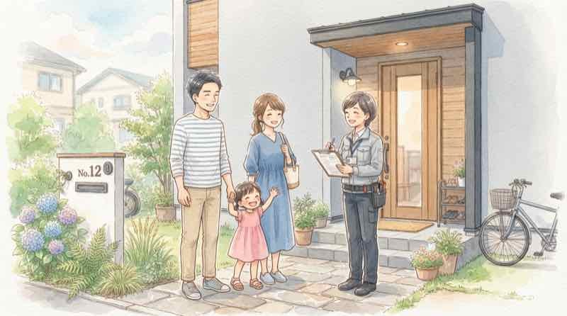 大和ハウスの住まいで定期点検を受ける既存オーナー家族を描いたイラスト