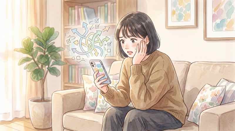 ダークパターンとは何かと解約の進め方に悩みスマホを見つめる女性のイラスト
