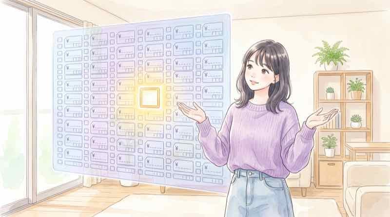 ダークパターンとは何かに戸惑い通販画面を見つめる女性のイラスト