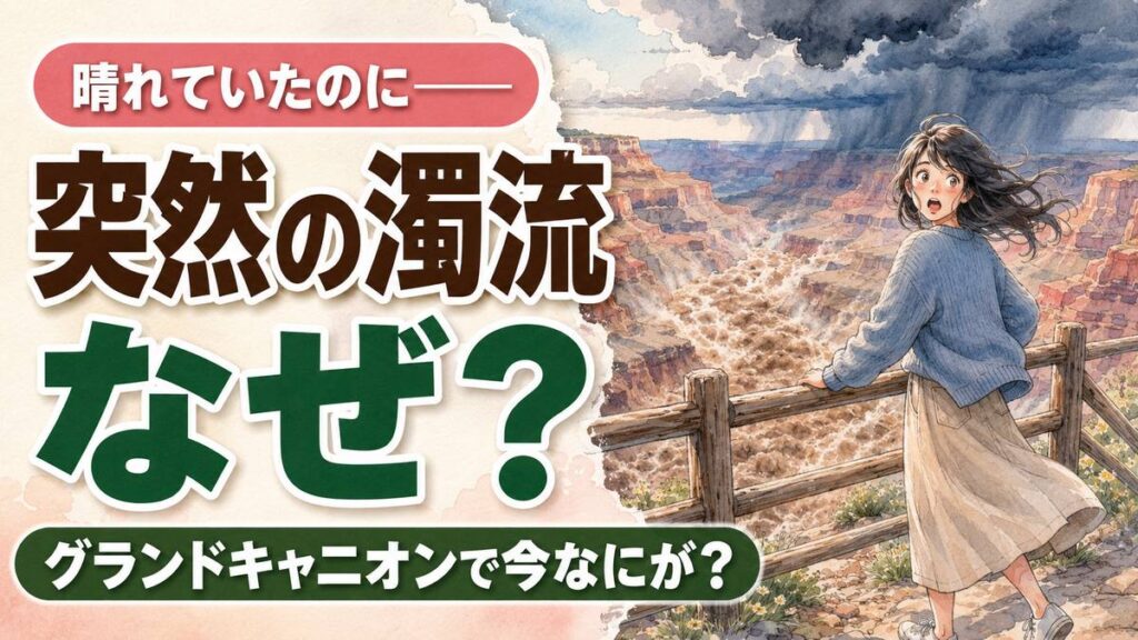グランドキャニオン 洪水の最新情報を調べる旅行者と峡谷の展望風景
