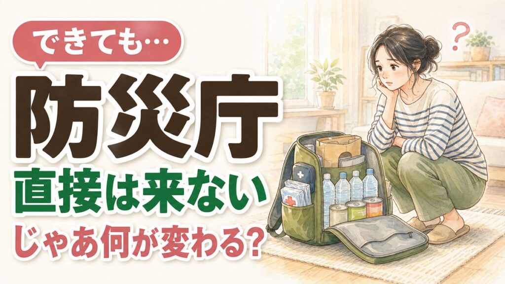 防災庁とは何かをやさしく解説するイメージ。防災グッズを前にメモを取る笑顔の女性