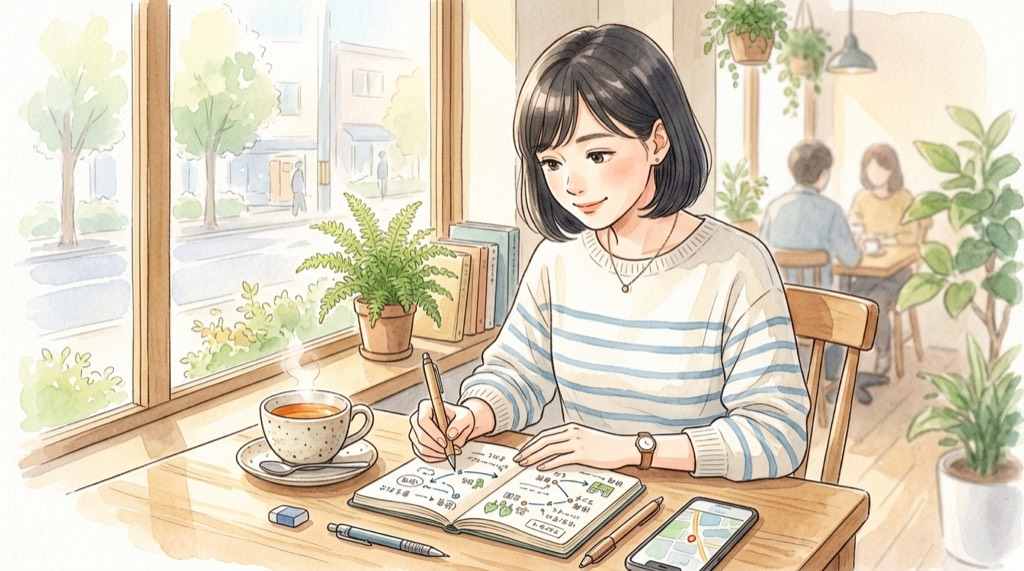 Happyくじディズニー在庫を翌日に探す女性が複数の候補店舗をメモしている
