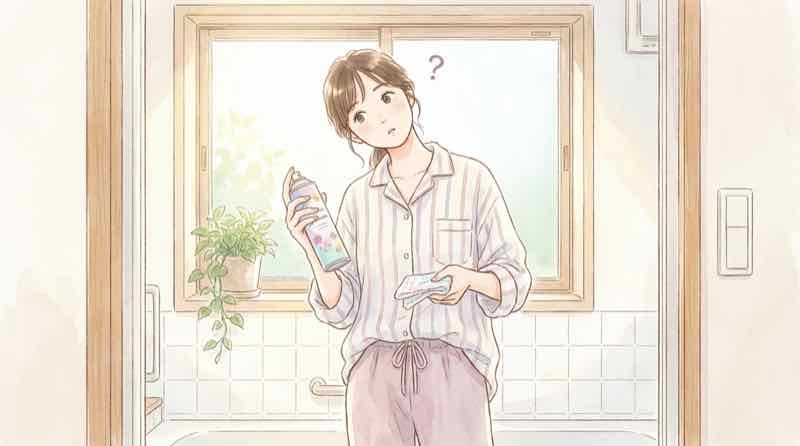 ドライシャンプー 毎日の使い方に悩みスプレーとシートを見比べて考える女性
