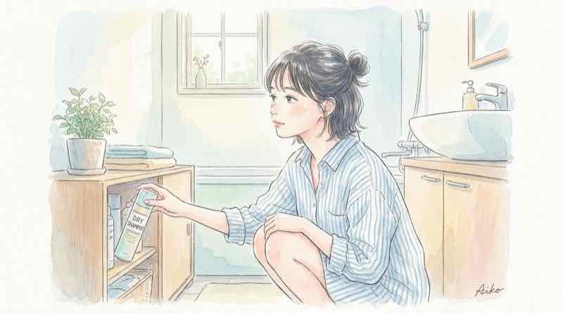 ドライシャンプー 毎日の使用を考える洗面所でスプレー缶を手に取る女性