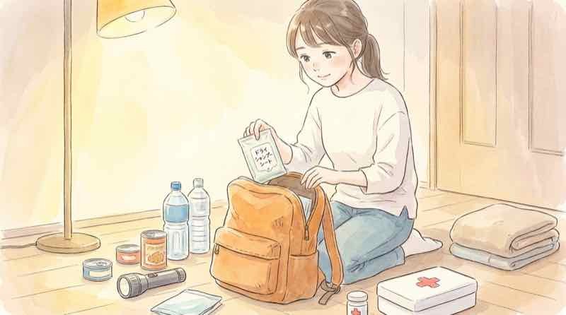 防災リュックに無香料のドライシャンプーシートを詰める備蓄の準備