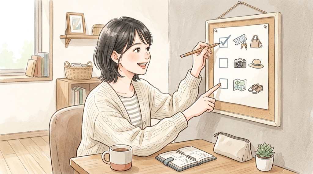 イープラス情報漏えいの対象かをチェックリストで確認する女性の水彩イラスト