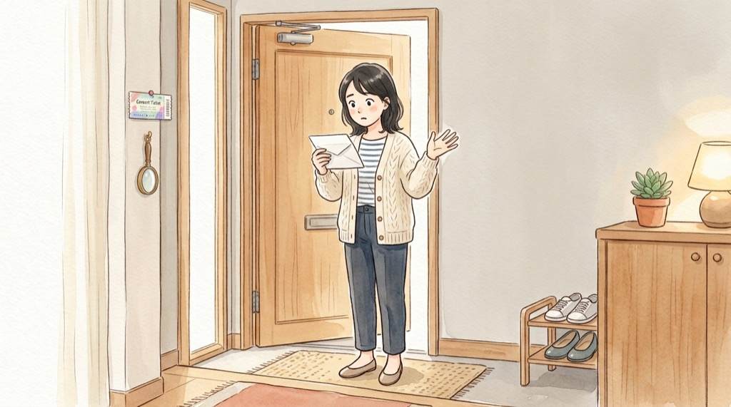 公演名入りのイープラス偽メールに注意する女性とチケットの水彩イラスト