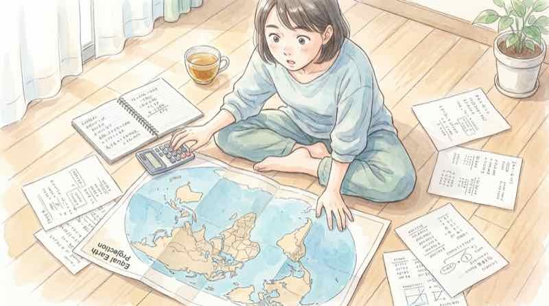 世界地図のさまざまな図法を比べているイメージ