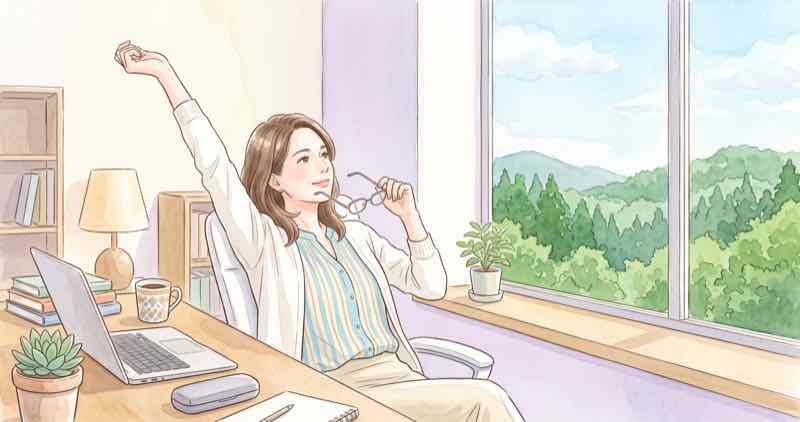 40代の目の不調で老眼か緑内障か迷い、パソコンから目を離して遠くを見る女性