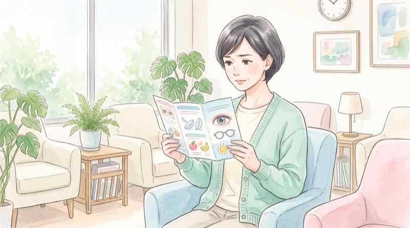 緑内障の初期症状を知るために眼科のパンフレットを読む40代の女性