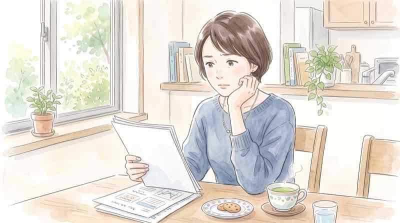 健康診断の結果表を見て緑内障が心配になり考え込む40代の女性