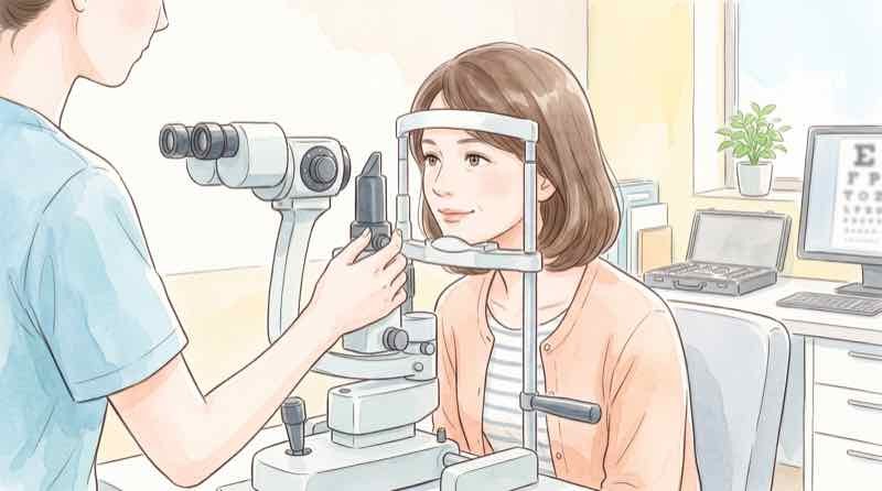緑内障の検査を受ける40代女性が眼科の検査機器に顔をあずけている様子