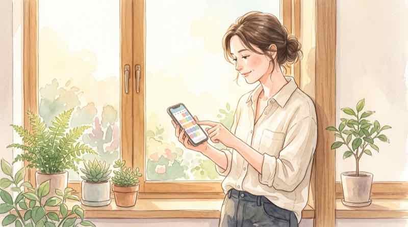 眼科検診を予約しようとスマートフォンのカレンダーを見る40代の女性