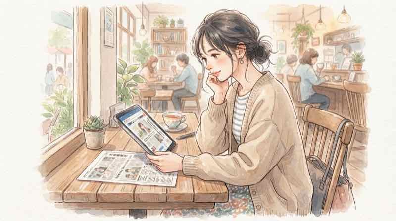 ファミマ倒産は本当かとニュースを見比べる女性、破産した会社の中身を落ち着いて確認するイメージ