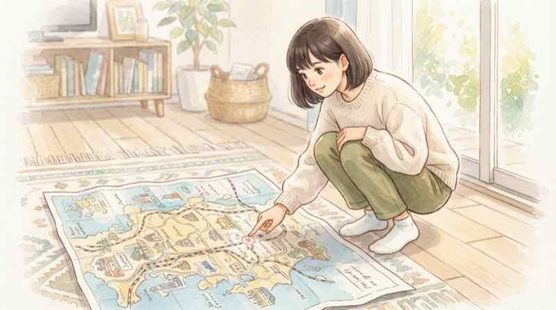 ファミリーマート 倒産 どこかを確認する女性、福岡県の店舗運営会社の情報を地図で見るイメージ