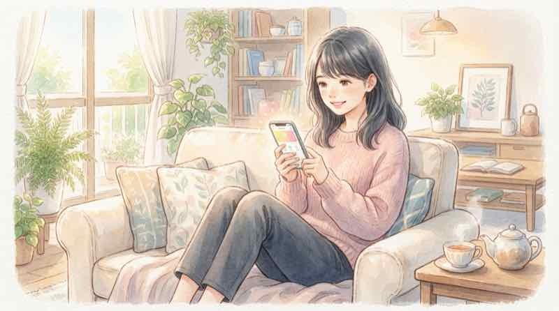 ファミペイ 影響が気になる女性、スマホ決済アプリの残高とクーポンを確認するイメージ