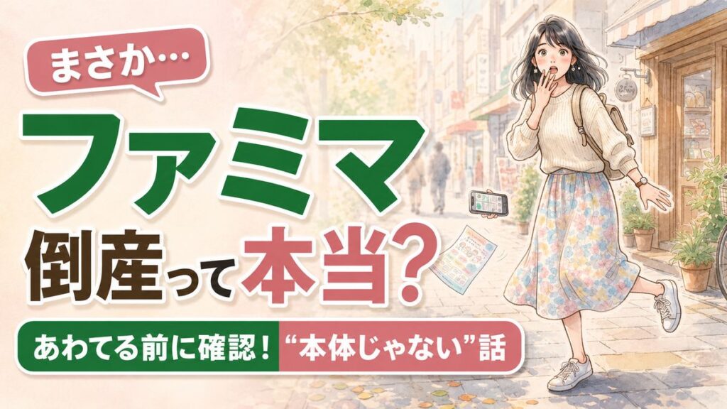 ファミマ倒産は本当かとスマホを見て驚く女性、破産した会社と全国店舗への影響を確認するイメージ
