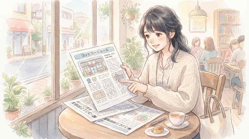 コンビニ経営の状況とファミマ倒産報道の全体像を読み比べる女性のイメージ