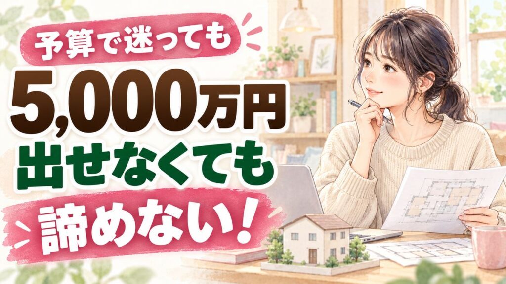 大和ハウス 5000万円以下でも家を建てられるか調べる女性のイラスト