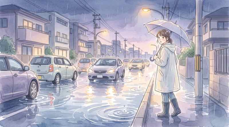 冠水した道路のイメージと水位が上がる様子