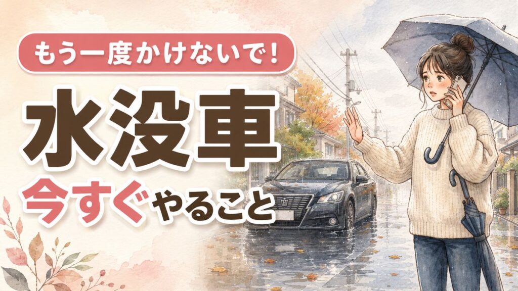 水没車のエンジンをかけてしまった女性がボンネット前で電話する様子