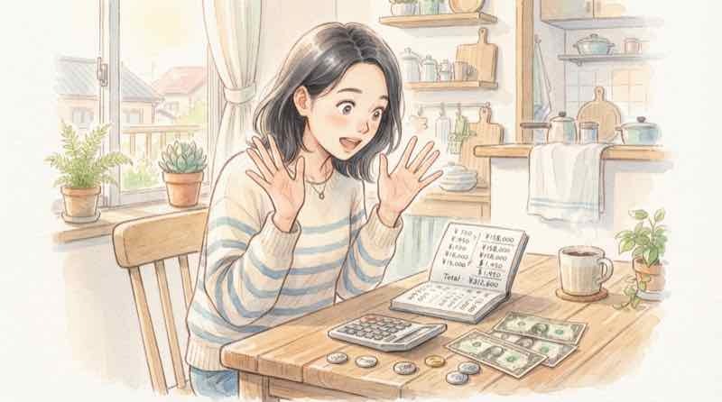 外貨預金はやめたほうがいいか悩む女性が電卓とドル札を前に考え込む様子