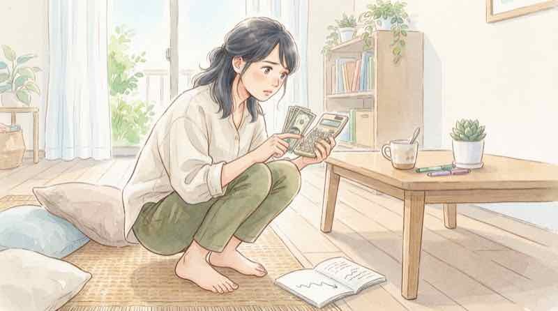 外貨預金で損するラインを電卓で確かめる女性の手元とドル紙幣